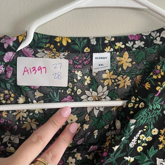 Old Navy Women’s Green Floral Top Button-Up Ruffle Peasant XXL CottageCore - Picture 2 of 8
